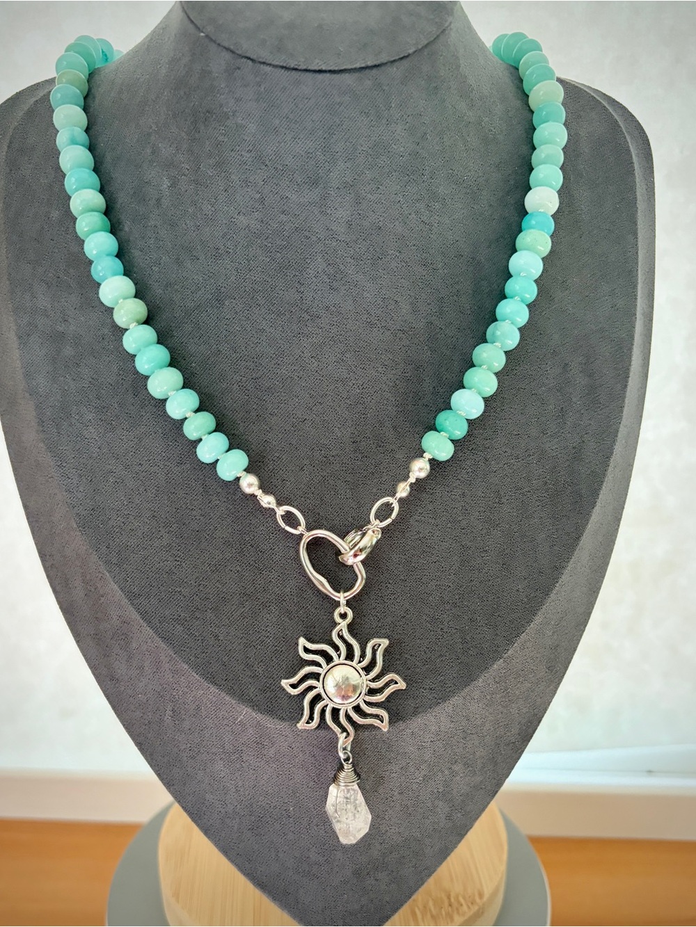Green Blue Amazonite with Herkimer Diamond Crystal Handcrafted Bead Bracelet